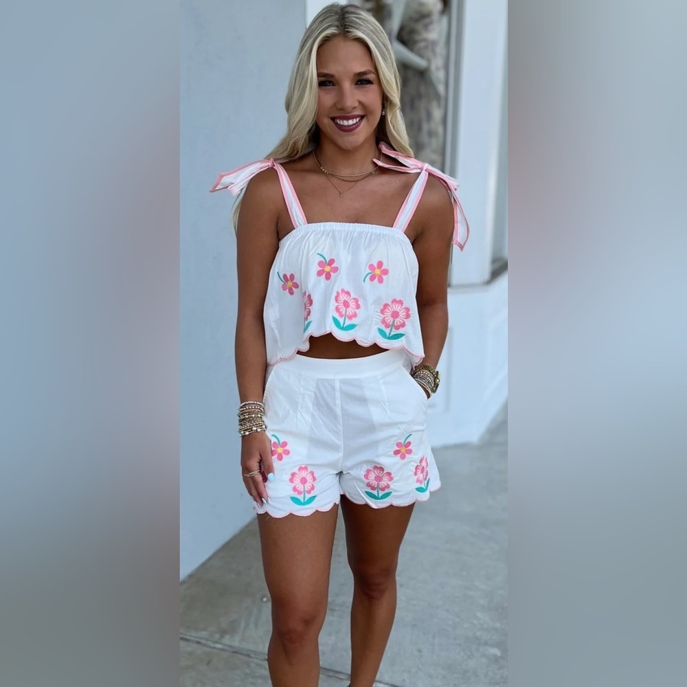 So Me White Tank Top with Pink Floral Embroidery